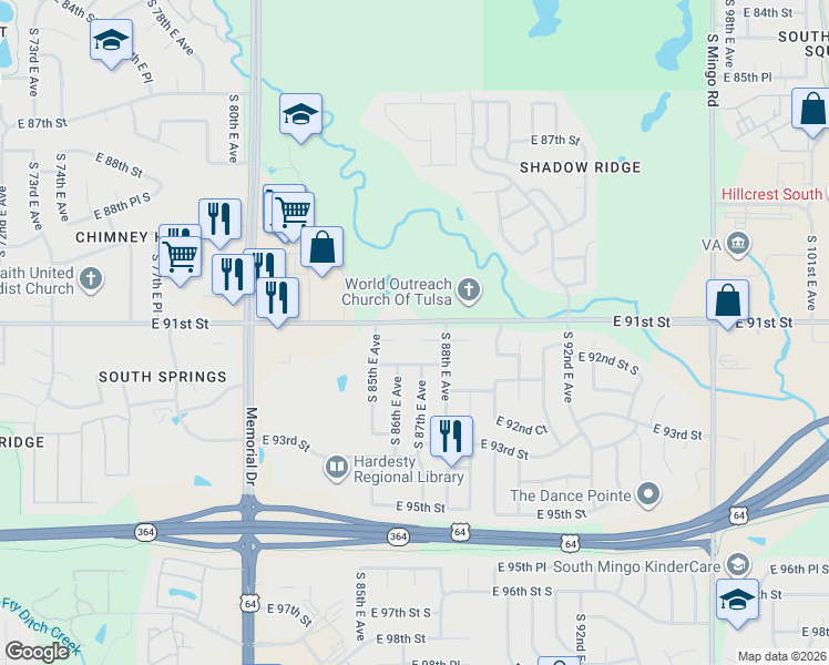 map of restaurants, bars, coffee shops, grocery stores, and more near 8711 East 91st Place in Tulsa