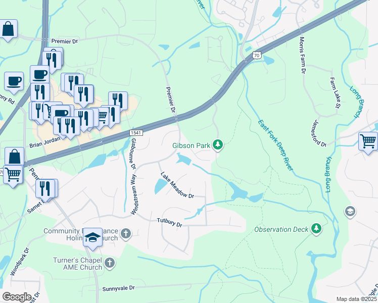map of restaurants, bars, coffee shops, grocery stores, and more near 3934 Elizabeth Glen Way in Jamestown