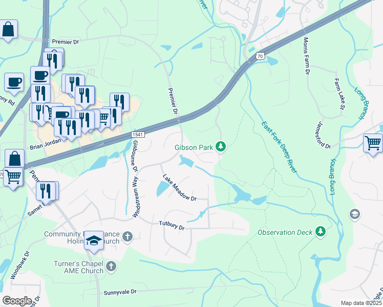map of restaurants, bars, coffee shops, grocery stores, and more near 3934 Elizabeth Glen Way in Jamestown