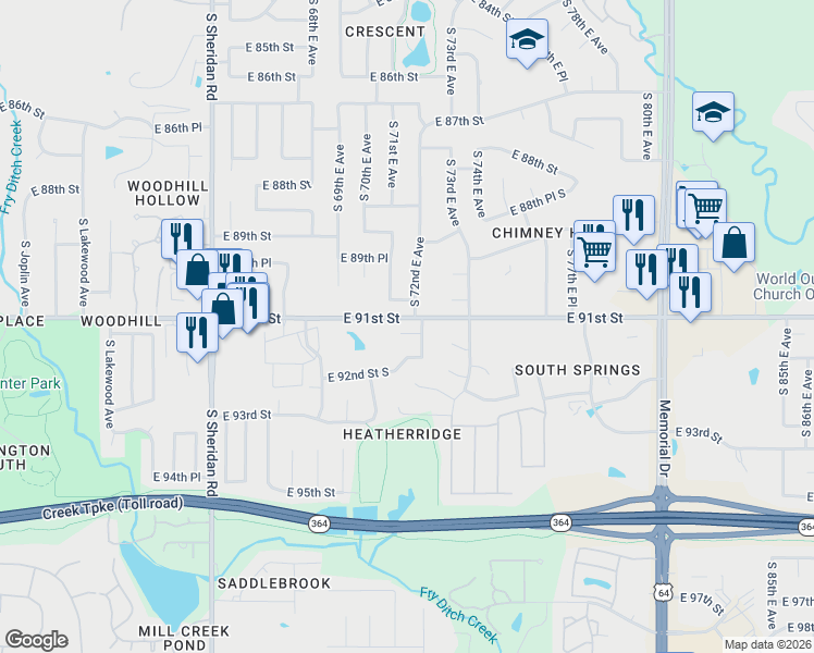 map of restaurants, bars, coffee shops, grocery stores, and more near 7121 E 91st Pl in Tulsa
