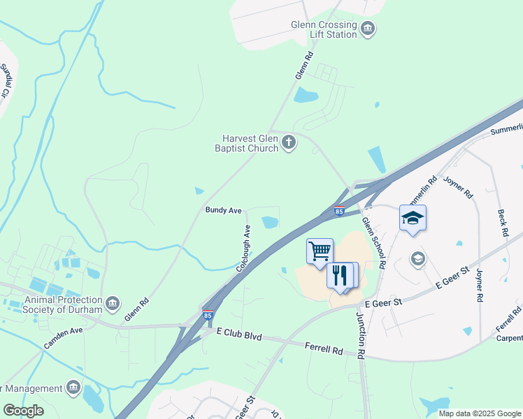 map of restaurants, bars, coffee shops, grocery stores, and more near 2100 Ferrell Road in Durham