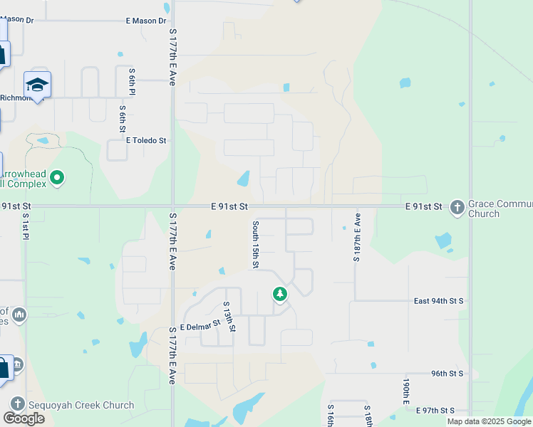 map of restaurants, bars, coffee shops, grocery stores, and more near 1506 East Washington Place in Broken Arrow