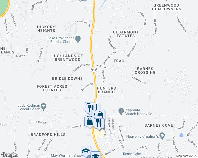 map of restaurants, bars, coffee shops, grocery stores, and more near 1709 Hunters Branch Road in Nashville