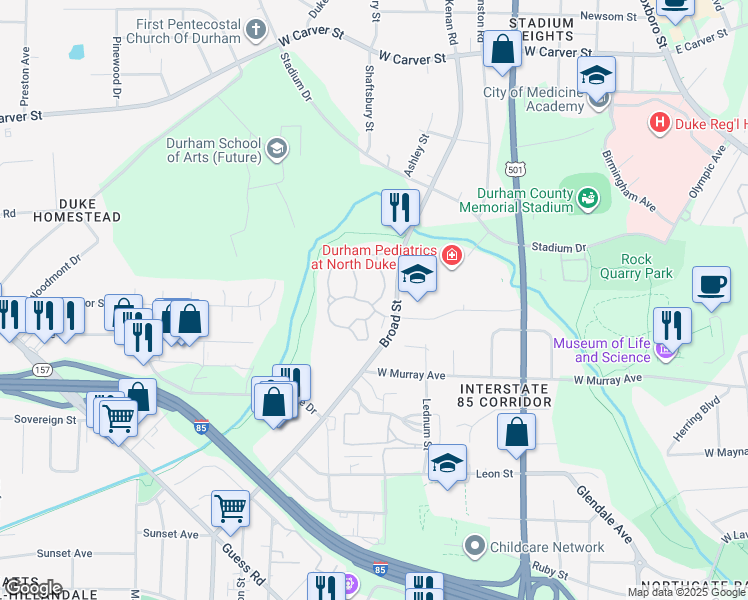 map of restaurants, bars, coffee shops, grocery stores, and more near 30 Glade Crest Way in Durham