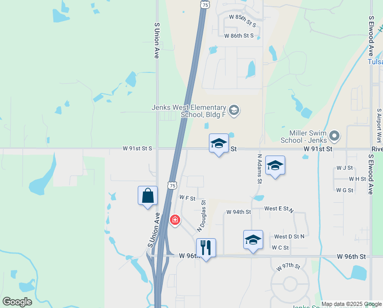 map of restaurants, bars, coffee shops, grocery stores, and more near 1410 West 91st Street in Tulsa