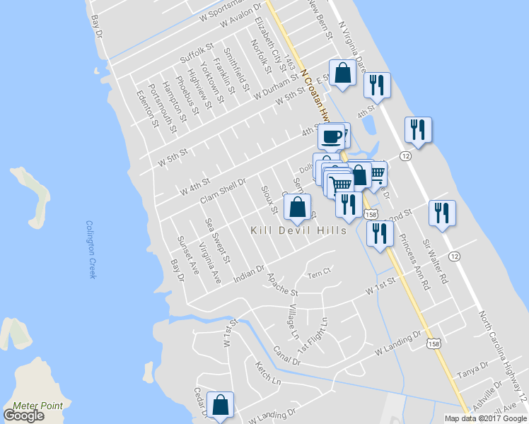map of restaurants, bars, coffee shops, grocery stores, and more near 605 West 3rd Street in Kill Devil Hills