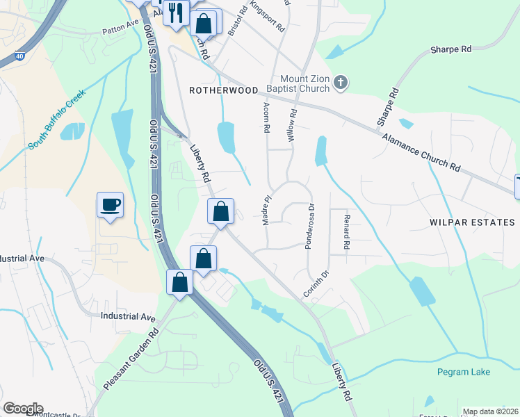 map of restaurants, bars, coffee shops, grocery stores, and more near 2410 Madre Place in Greensboro