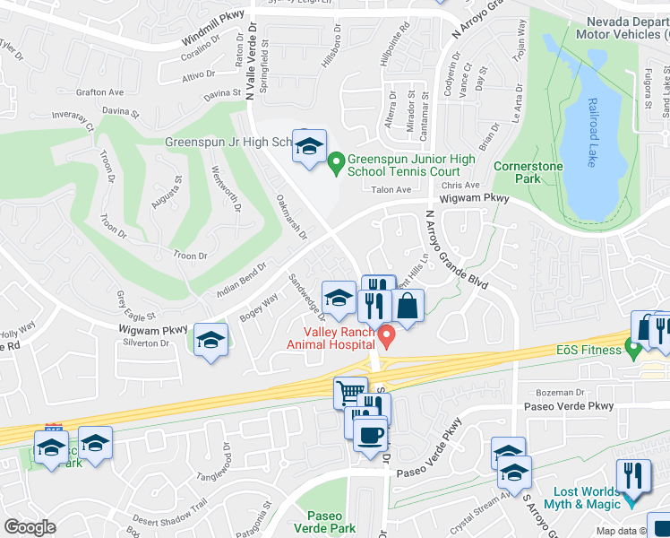 map of restaurants, bars, coffee shops, grocery stores, and more near 75 North Valle Verde Drive in Henderson