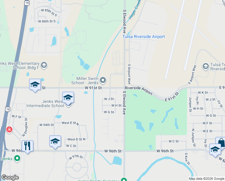 map of restaurants, bars, coffee shops, grocery stores, and more near 2005 West K Court in Jenks