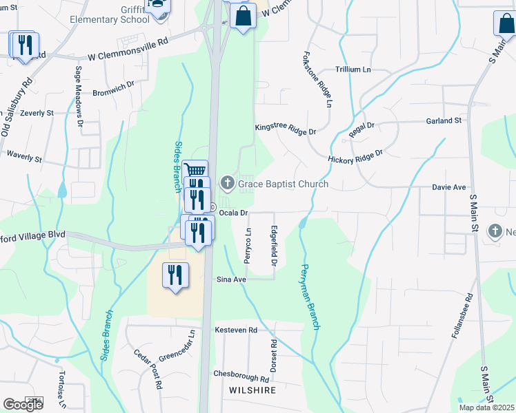 map of restaurants, bars, coffee shops, grocery stores, and more near 615 Ocala Drive in Winston-Salem