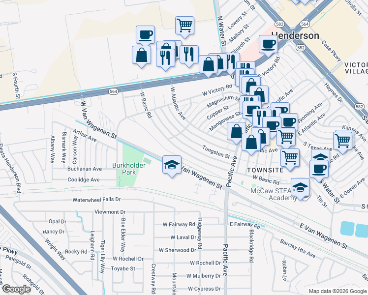 map of restaurants, bars, coffee shops, grocery stores, and more near 278 West Basic Road in Henderson