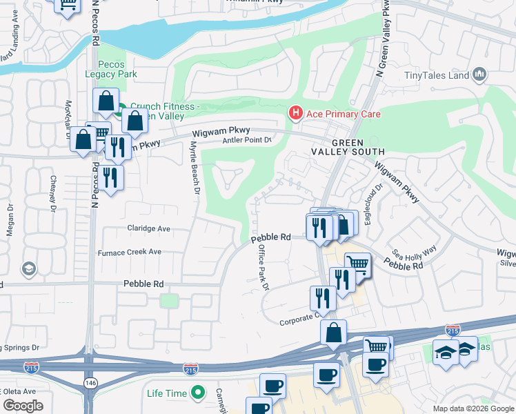 map of restaurants, bars, coffee shops, grocery stores, and more near 2340 Ramsgate Drive in Henderson