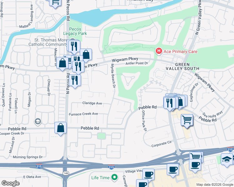 map of restaurants, bars, coffee shops, grocery stores, and more near 56 Myrtle Beach Drive in Henderson