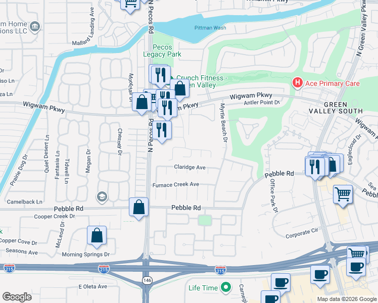 map of restaurants, bars, coffee shops, grocery stores, and more near 68 Moonrise Way in Henderson