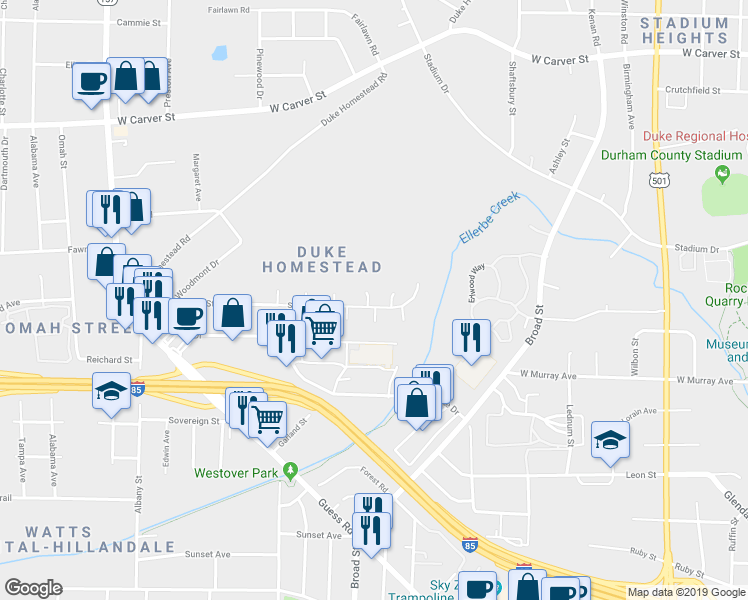 map of restaurants, bars, coffee shops, grocery stores, and more near 2 Misty Creek Court in Durham