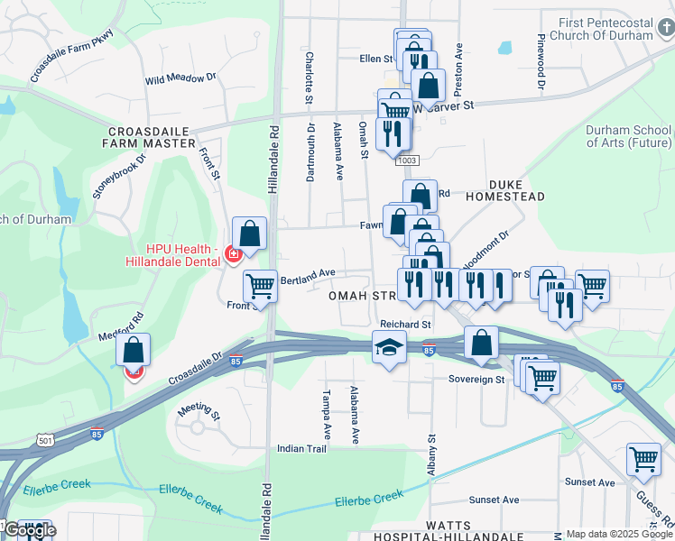 map of restaurants, bars, coffee shops, grocery stores, and more near 2900 Bertland Avenue in Durham