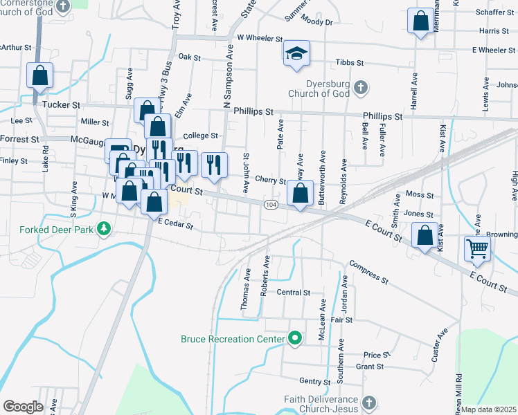map of restaurants, bars, coffee shops, grocery stores, and more near 615 East Court Street in Dyersburg