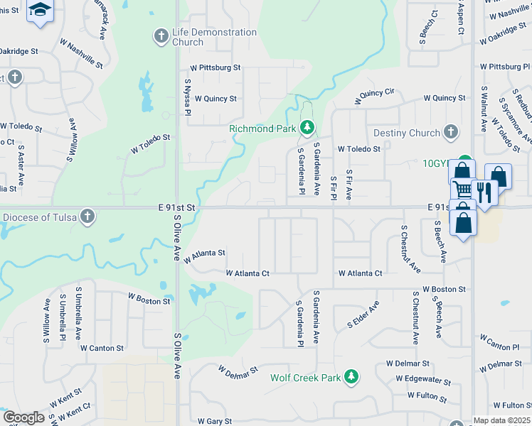 map of restaurants, bars, coffee shops, grocery stores, and more near 2914 West Washington Place in Broken Arrow