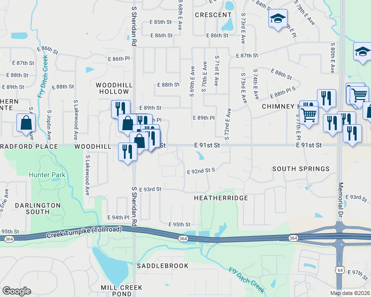 map of restaurants, bars, coffee shops, grocery stores, and more near 9107 East 69th Place in Tulsa