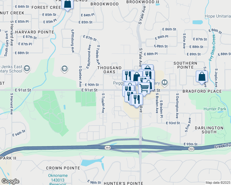 map of restaurants, bars, coffee shops, grocery stores, and more near 9109 South Urbana Avenue in Tulsa