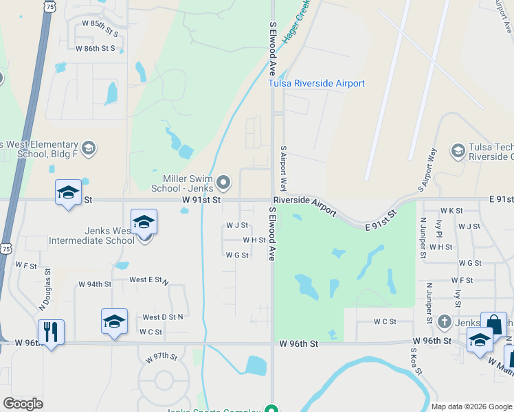 map of restaurants, bars, coffee shops, grocery stores, and more near 9132 South Elwood Avenue in Jenks