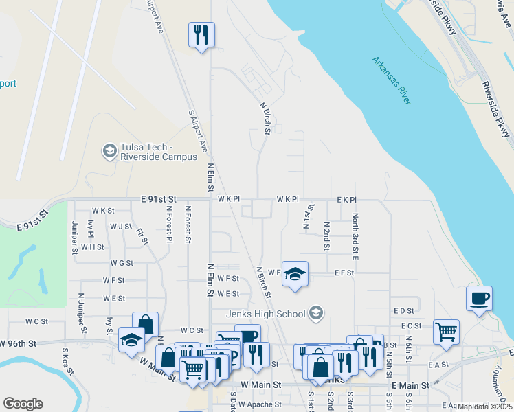 map of restaurants, bars, coffee shops, grocery stores, and more near 442 West K Place in Jenks