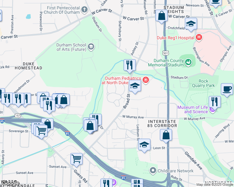 map of restaurants, bars, coffee shops, grocery stores, and more near 30 Glade Crest Way in Durham