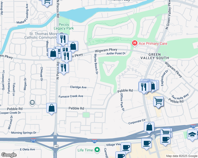 map of restaurants, bars, coffee shops, grocery stores, and more near 56 Myrtle Beach Drive in Henderson