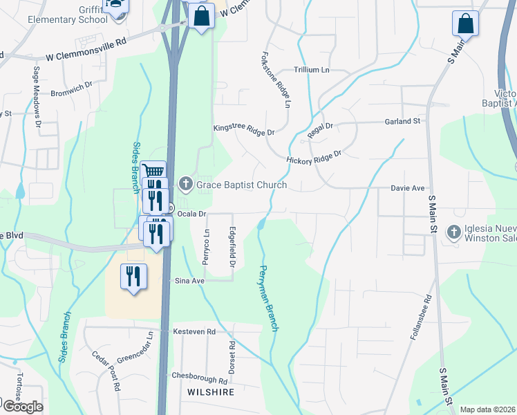 map of restaurants, bars, coffee shops, grocery stores, and more near 565 Ocala Drive in Winston-Salem