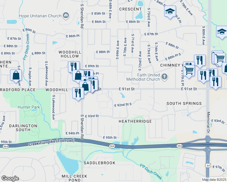 map of restaurants, bars, coffee shops, grocery stores, and more near 9107 East 69th Place in Tulsa