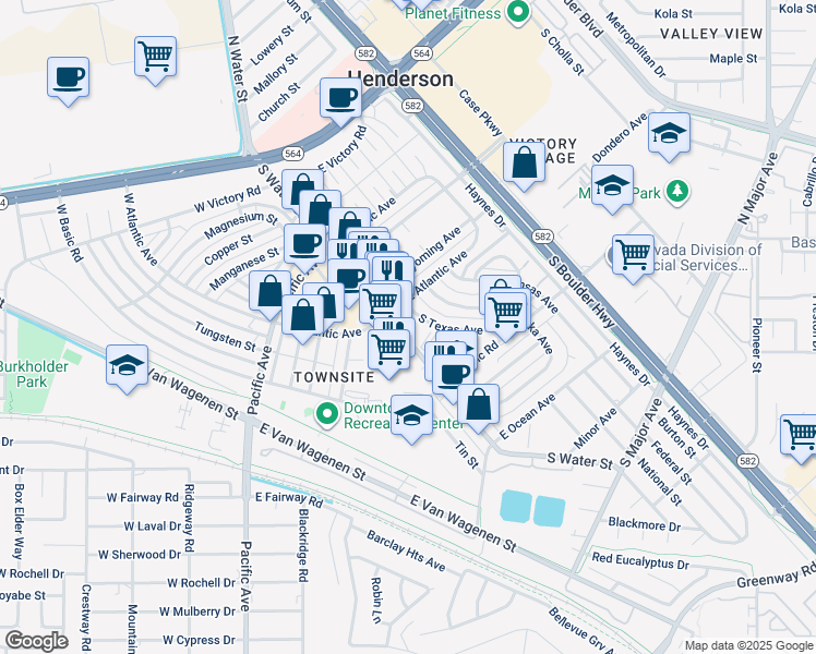 map of restaurants, bars, coffee shops, grocery stores, and more near 214 South Texas Avenue in Henderson