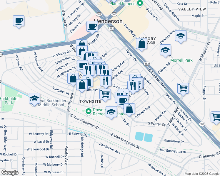 map of restaurants, bars, coffee shops, grocery stores, and more near 214 South Texas Avenue in Henderson