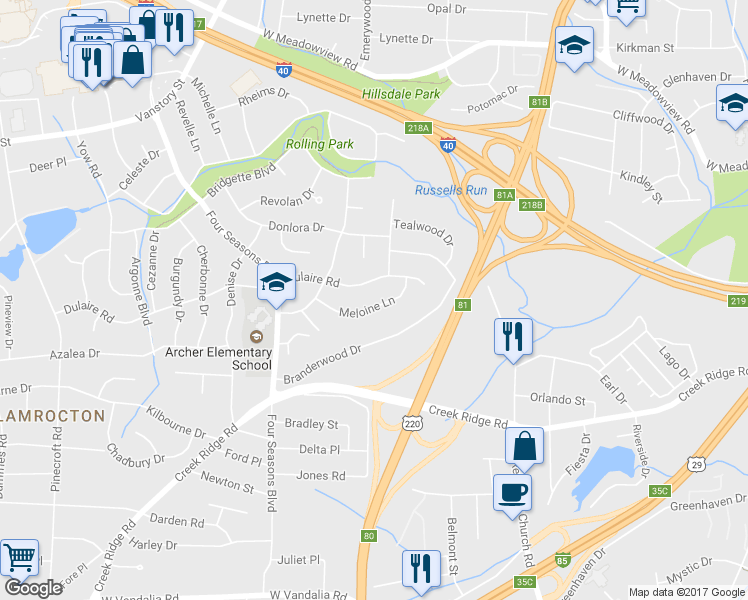 map of restaurants, bars, coffee shops, grocery stores, and more near 2210 Meloine Lane in Greensboro