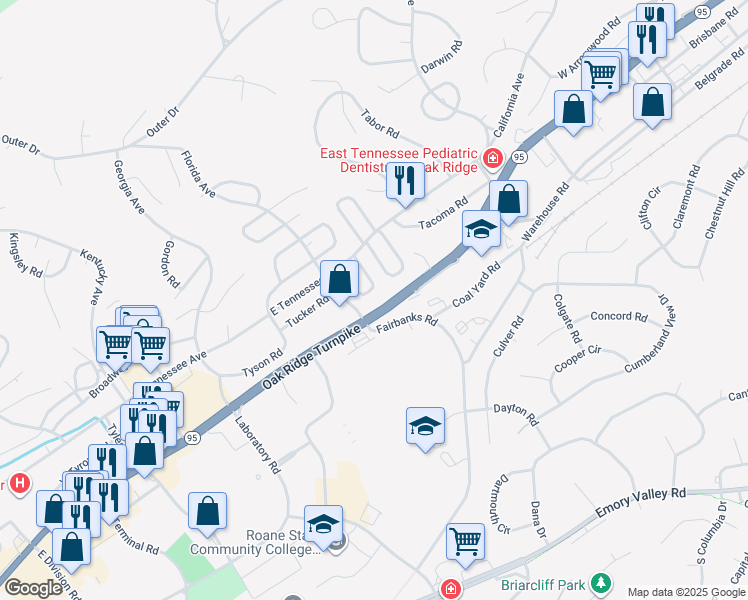 map of restaurants, bars, coffee shops, grocery stores, and more near 114 Townsend Rd in Oak Ridge