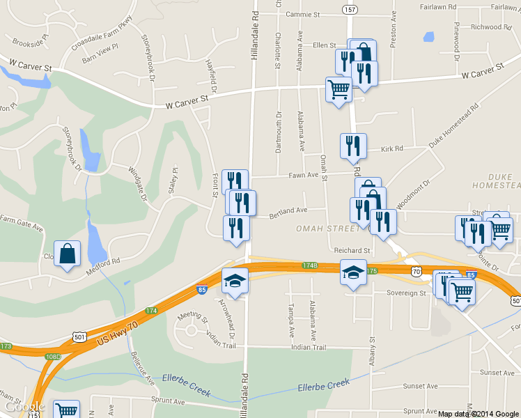 map of restaurants, bars, coffee shops, grocery stores, and more near 1830 Hillandale Road in Durham