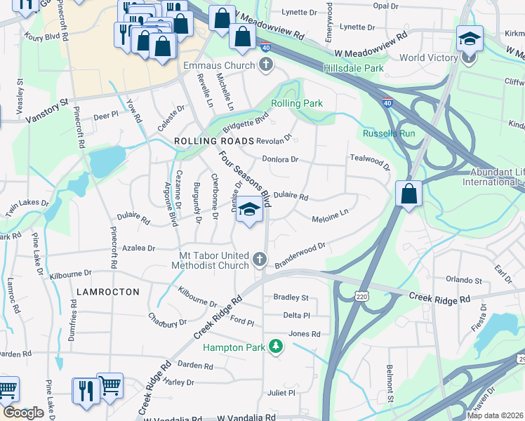 map of restaurants, bars, coffee shops, grocery stores, and more near 2604 4 Seasons Boulevard in Greensboro