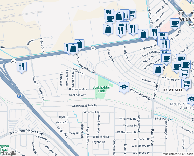 map of restaurants, bars, coffee shops, grocery stores, and more near 610 West Victory Road in Henderson