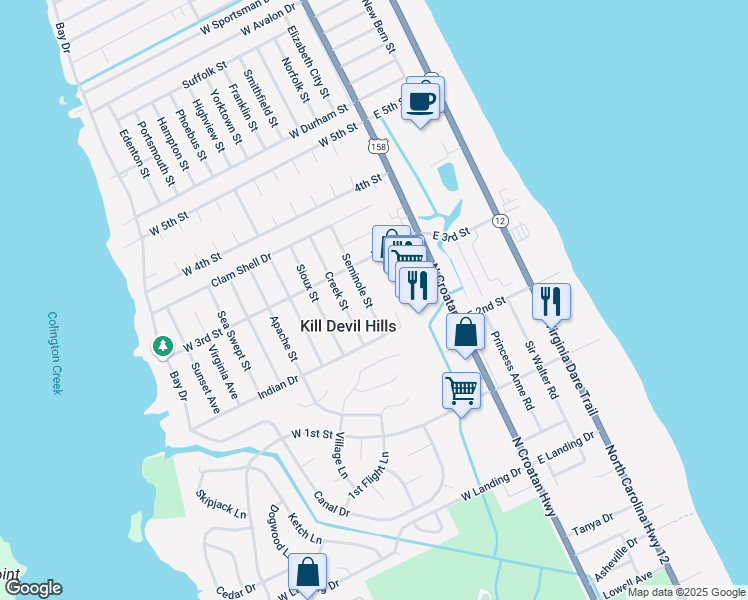 map of restaurants, bars, coffee shops, grocery stores, and more near 1715 Seminole St in Kill Devil Hills