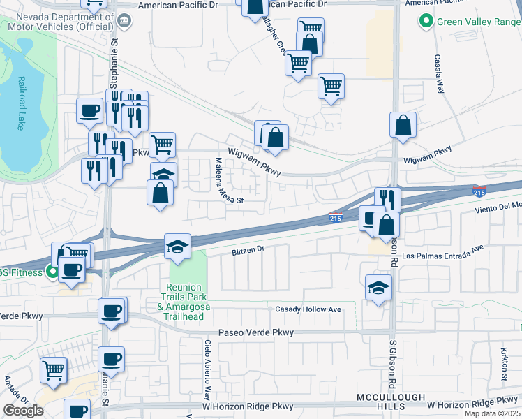 map of restaurants, bars, coffee shops, grocery stores, and more near 45 Maleena Mesa Street in Henderson
