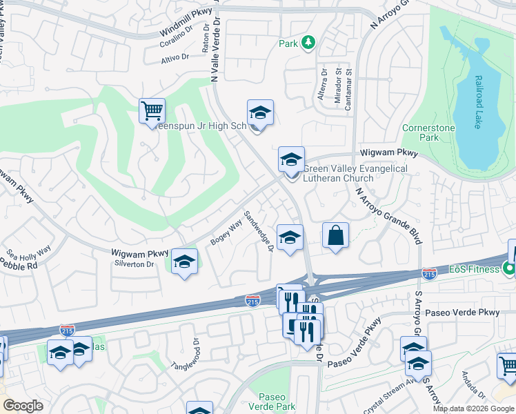 map of restaurants, bars, coffee shops, grocery stores, and more near 75 North Valle Verde Drive in Henderson