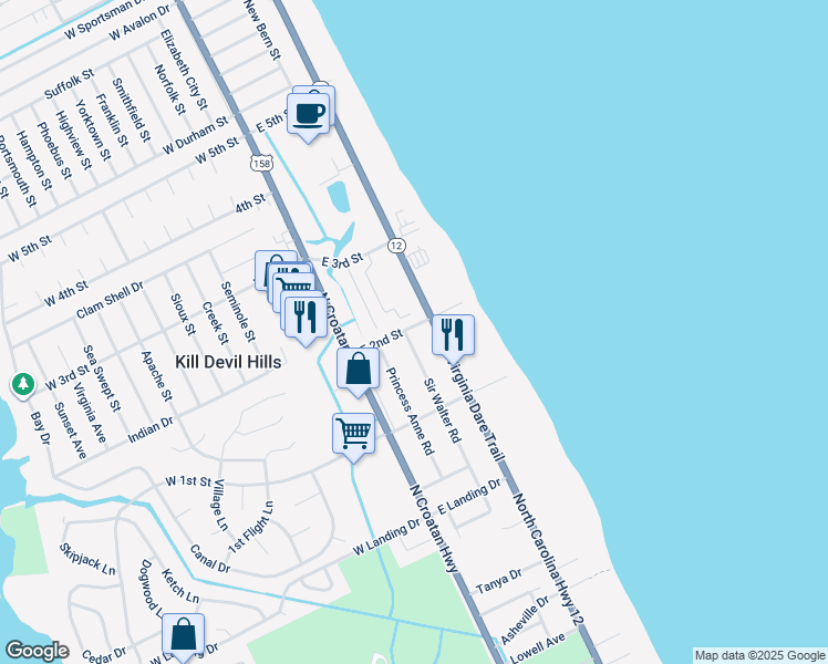 map of restaurants, bars, coffee shops, grocery stores, and more near 1637 Sir Walter Road in Kill Devil Hills