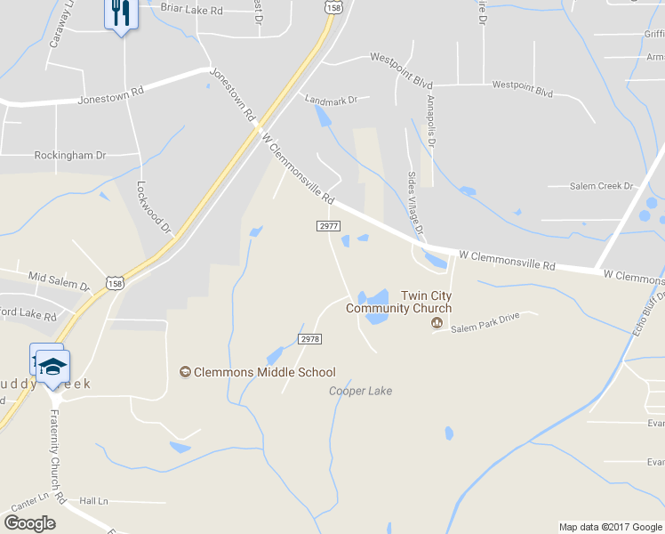 map of restaurants, bars, coffee shops, grocery stores, and more near 2842 Woodard Road in Winston-Salem