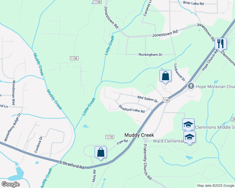 map of restaurants, bars, coffee shops, grocery stores, and more near 2542 Mid Salem Drive in Winston-Salem