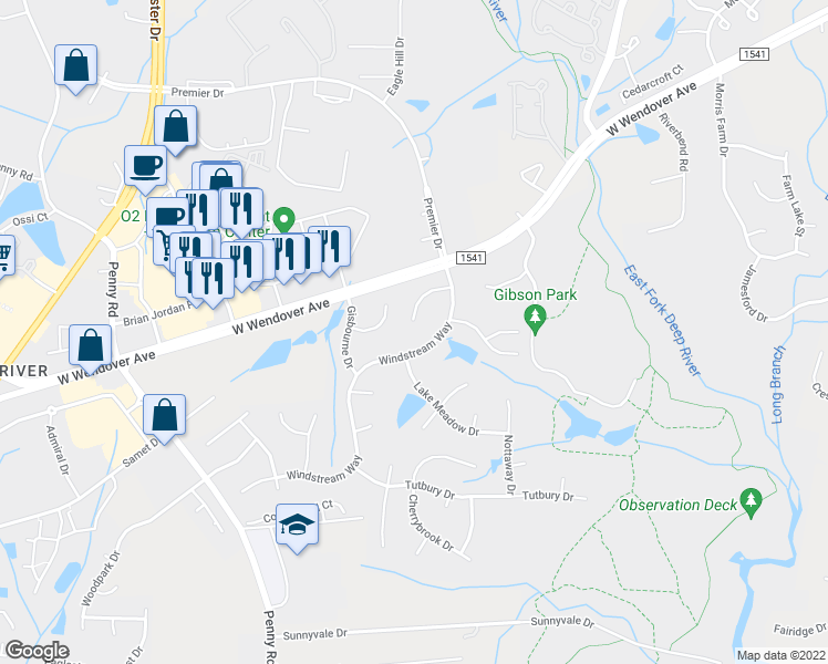 map of restaurants, bars, coffee shops, grocery stores, and more near 4024 Windstream Court in Jamestown
