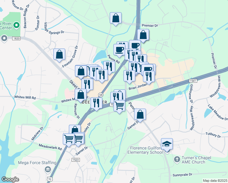map of restaurants, bars, coffee shops, grocery stores, and more near 5300 West Wendover Avenue in High Point