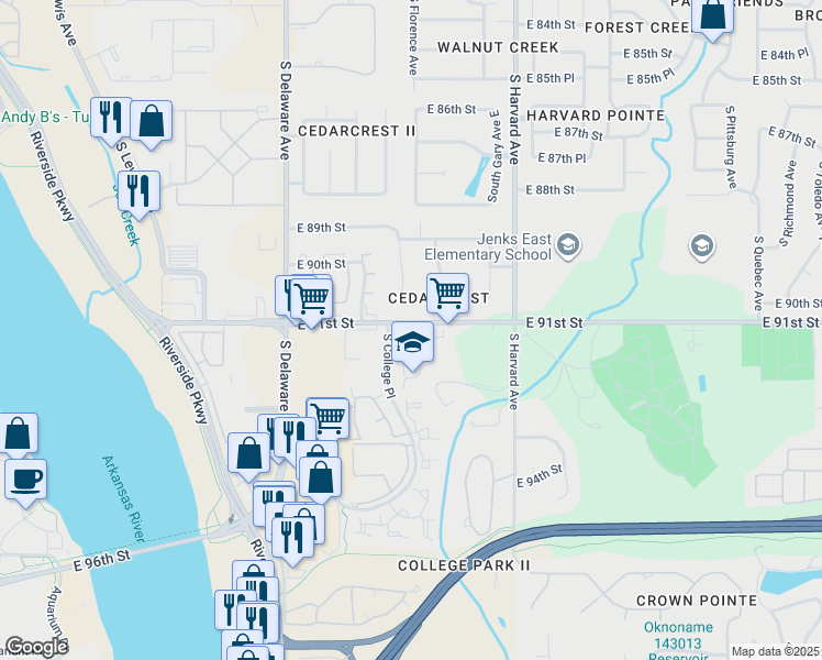 map of restaurants, bars, coffee shops, grocery stores, and more near 3106 East 91st Place in Tulsa