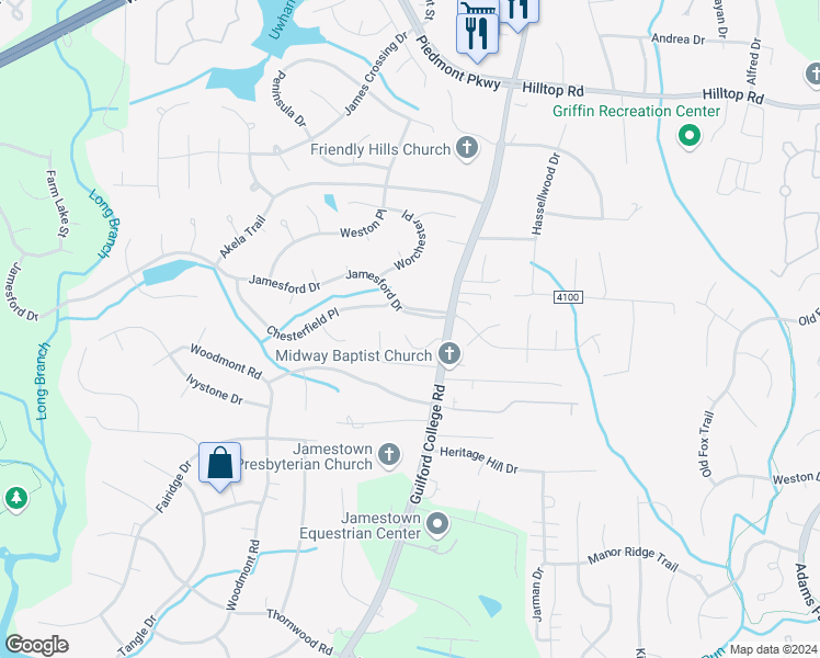 map of restaurants, bars, coffee shops, grocery stores, and more near 6312 Stone Gables Court in Jamestown