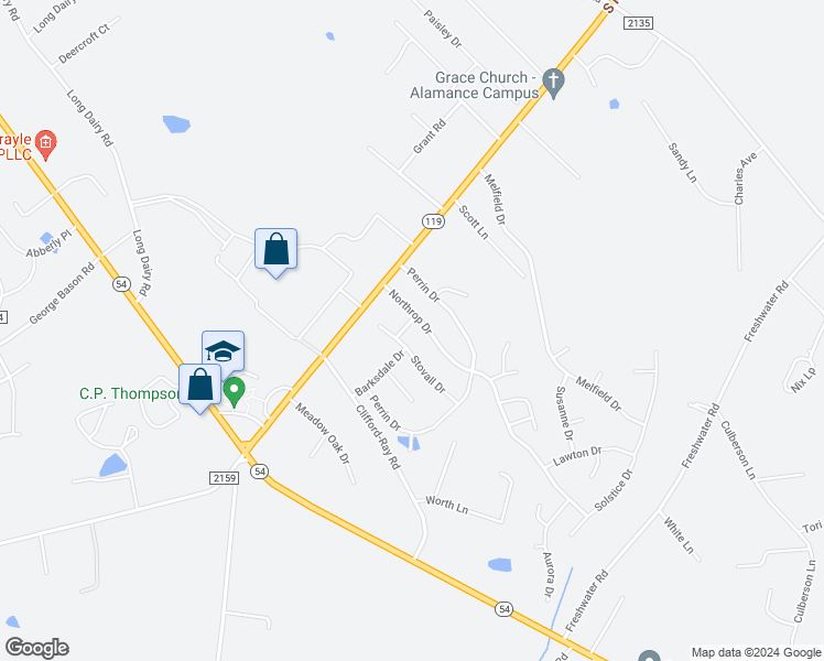 map of restaurants, bars, coffee shops, grocery stores, and more near 3750 Wharton Drive in Haw River