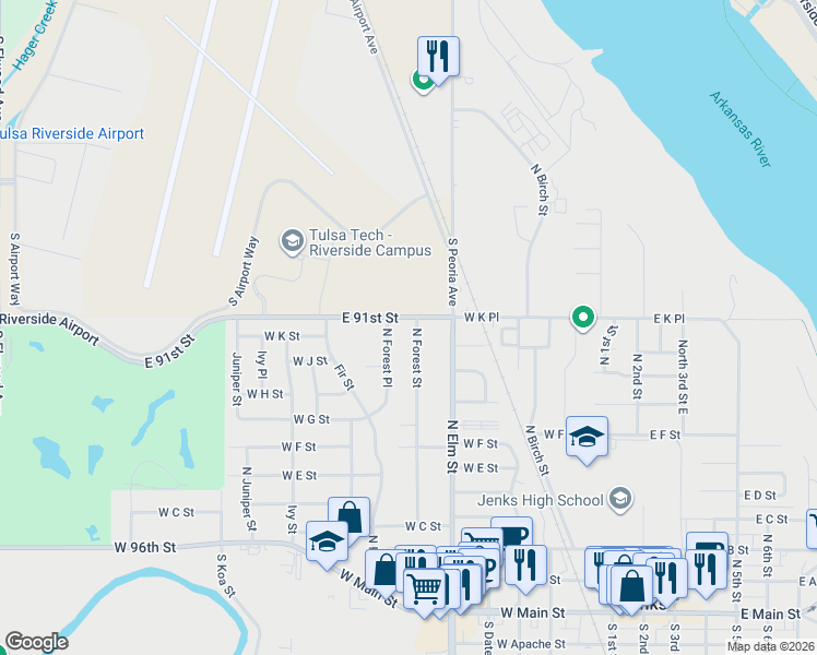 map of restaurants, bars, coffee shops, grocery stores, and more near 544 North Forest Street in Jenks