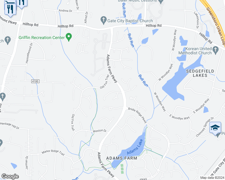 map of restaurants, bars, coffee shops, grocery stores, and more near 5606 Poplar Hill Court in Greensboro